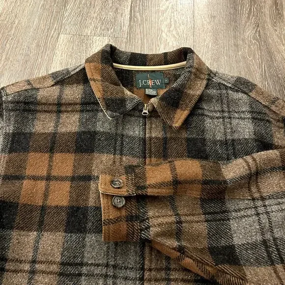 Vintage J.Crew Made in USA Wool Plaid Zip Jacket Brown Gray Check L Workwear EUC - Picture 8 of 16